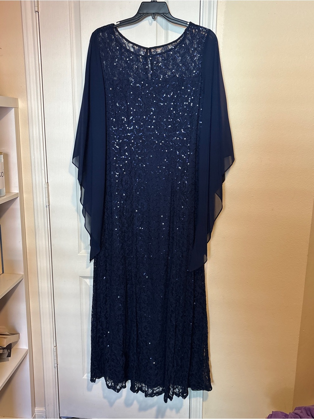 Navy Sequin Lace Evening Dress with Chiffon Cape Sleeves